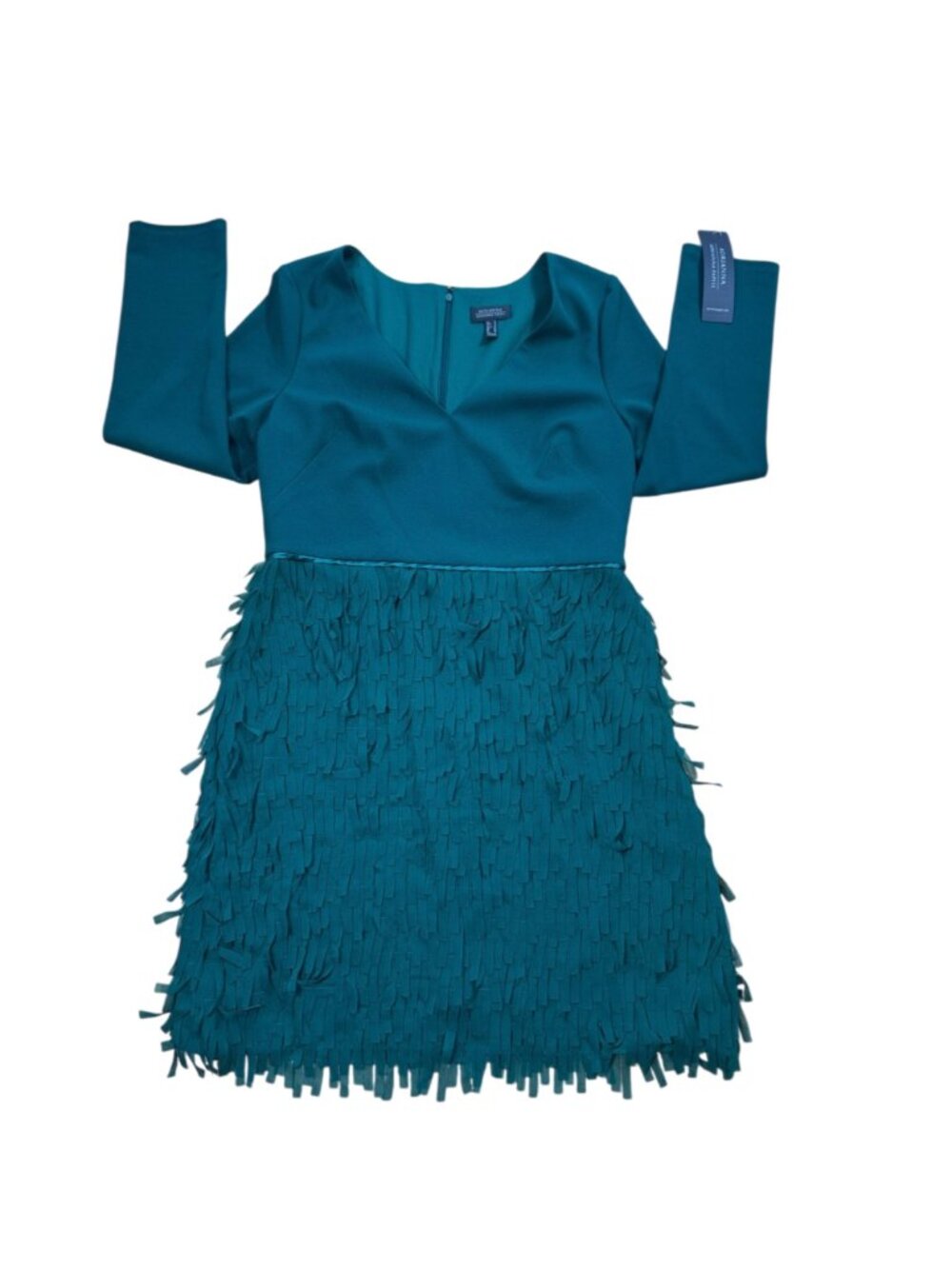 Adrianna Papell Dress 12 Green Long Sleeve Crepe & Chiffon Fringe Retro Cocktail - Picture 6 of 6